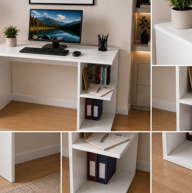 Studying White Desk staylish Computer for SmalLSpaces for Bedroom or Office | Side Storage Shelves, Space Saving - Image 5