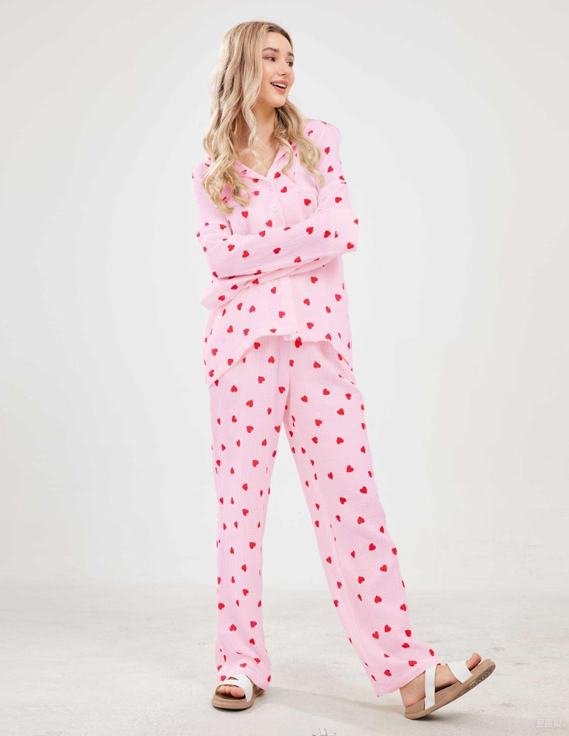 codcm Womens Pajama Sets Cotton Pj Set Cute Print Print Long Sleeve Button Shirt With Pants(Pink Print,X-Large) - Image 3