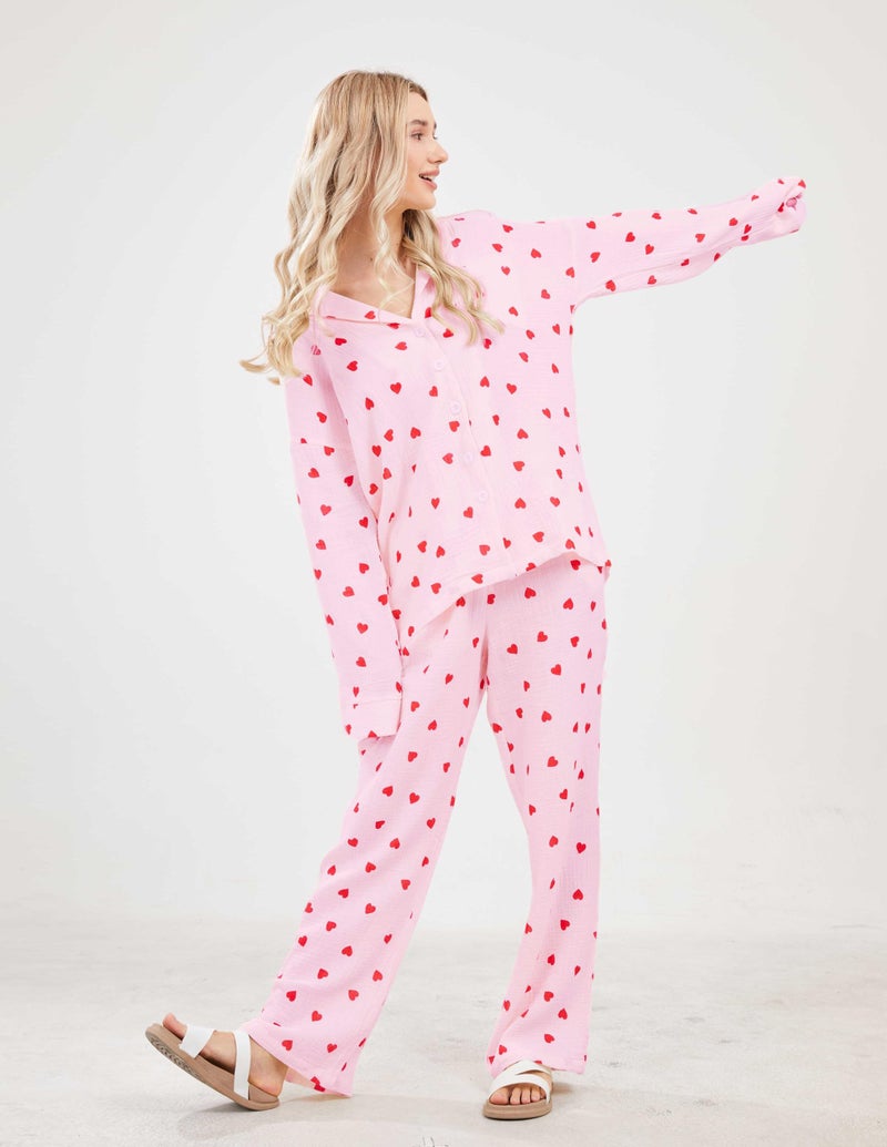 codcm Womens Pajama Sets Cotton Pj Set Cute Print Print Long Sleeve Button Shirt With Pants(Pink Print,X-Large) - Image 2