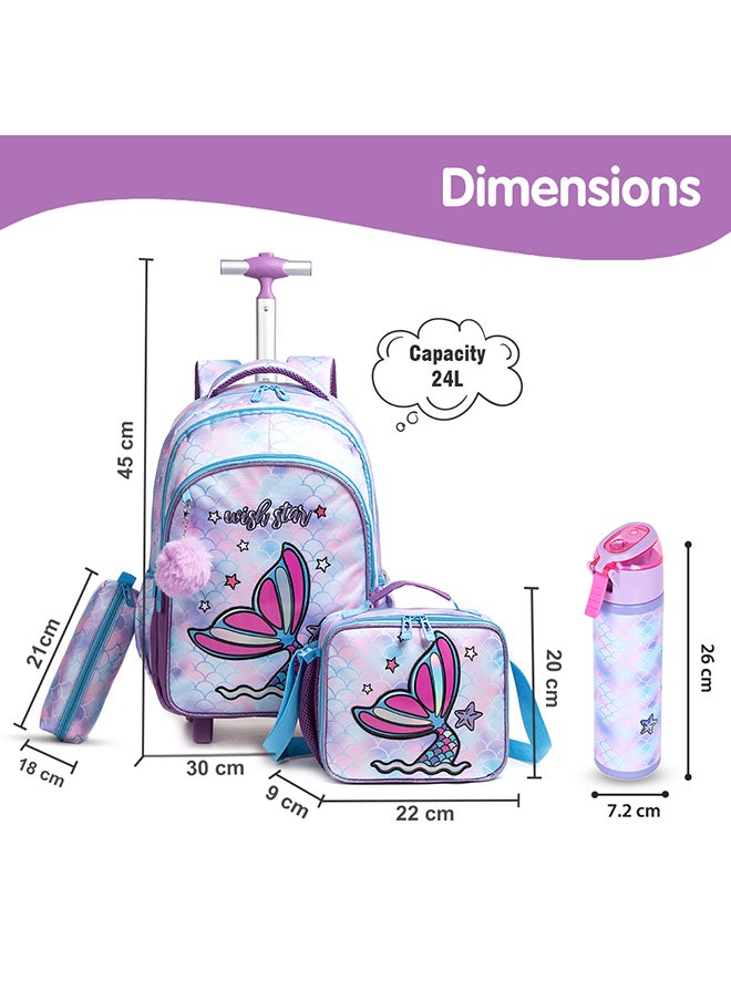 Eazy Kids - Set Of 4 18 Inch Trolley School Bag With Stainless Steel Water Bottle 640 Ml, Lunch Bag And Pencil Case - Mermaid Purple - Image 1