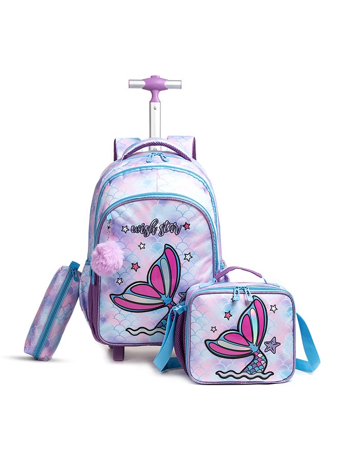 Eazy Kids - Set Of 4 18 Inch Trolley School Bag With Stainless Steel Water Bottle 640 Ml, Lunch Bag And Pencil Case - Mermaid Purple - Image 1
