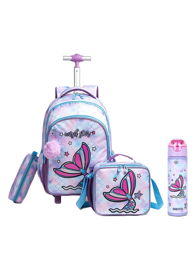 Eazy Kids - Set Of 4 18 Inch Trolley School Bag With Stainless Steel Water Bottle 640 Ml, Lunch Bag And Pencil Case - Mermaid Purple - Image 1