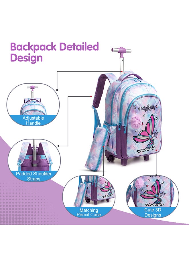 Eazy Kids - Set Of 4 18 Inch Trolley School Bag With Stainless Steel Water Bottle 640 Ml, Lunch Bag And Pencil Case - Mermaid Purple - Image 1