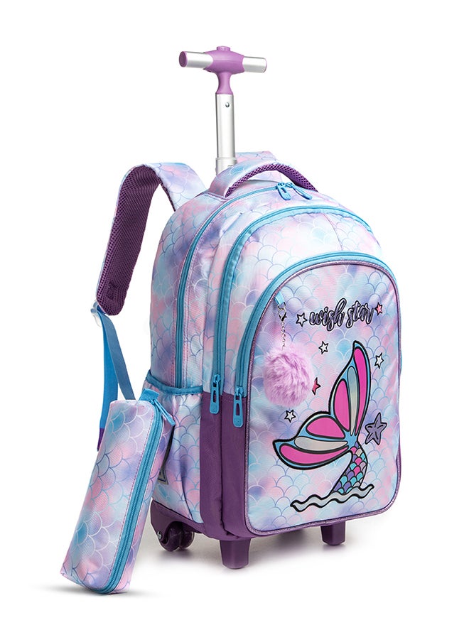 Eazy Kids - Set Of 4 18 Inch Trolley School Bag With Stainless Steel Water Bottle 640 Ml, Lunch Bag And Pencil Case - Mermaid Purple - Image 1