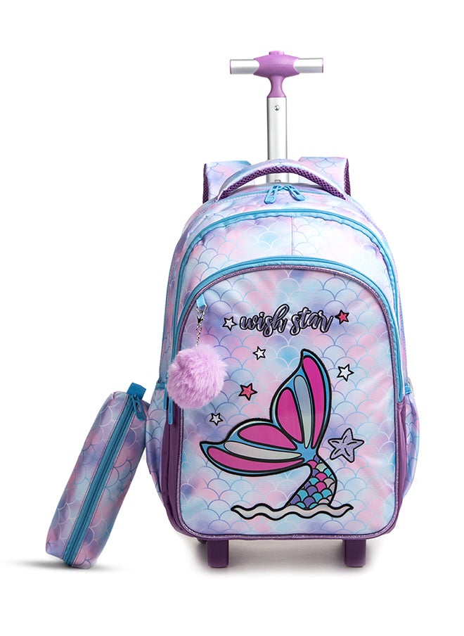 Eazy Kids - Set Of 4 18 Inch Trolley School Bag With Stainless Steel Water Bottle 640 Ml, Lunch Bag And Pencil Case - Mermaid Purple - Image 1