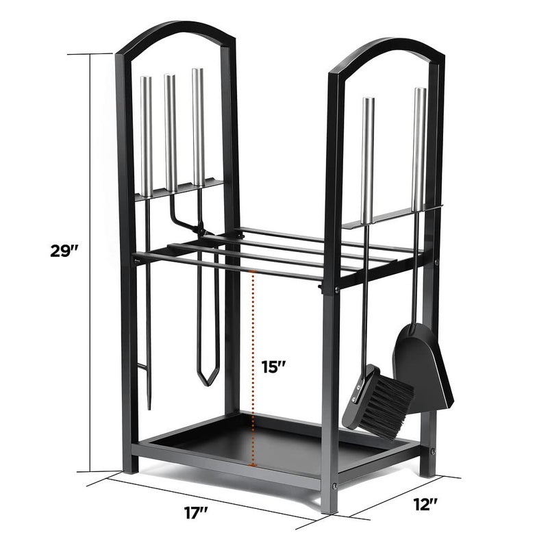 Home-it HOME IT Firewood Rack Indoor Outdoor - 2-Tier Firewood Holder with Fireplace Tools Set, Brush, Shovel, Poker, Tongs - Waterproof Steel Pipe Log Holder, Black Stove Wrought Iron - 17x12x29 - Image 3