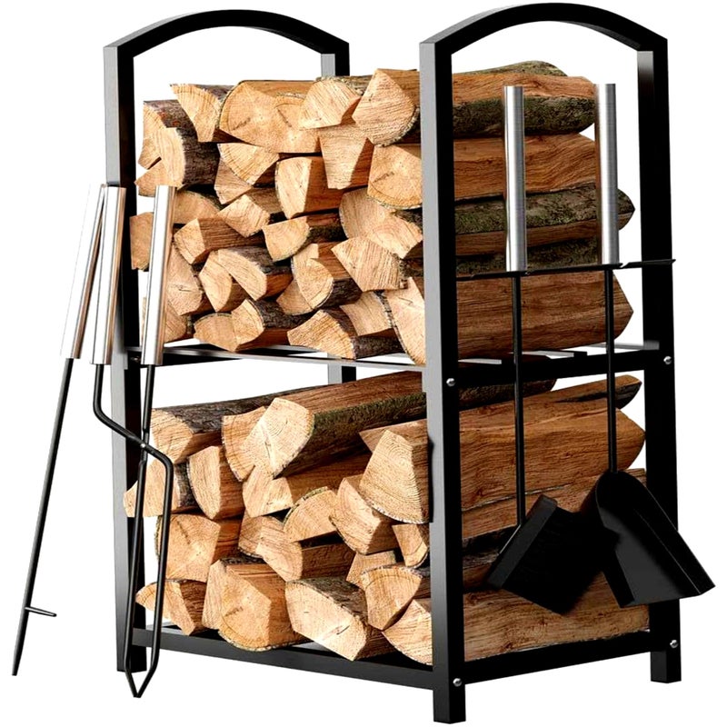 Home-it HOME IT Firewood Rack Indoor Outdoor - 2-Tier Firewood Holder with Fireplace Tools Set, Brush, Shovel, Poker, Tongs - Waterproof Steel Pipe Log Holder, Black Stove Wrought Iron - 17x12x29 - Image 1