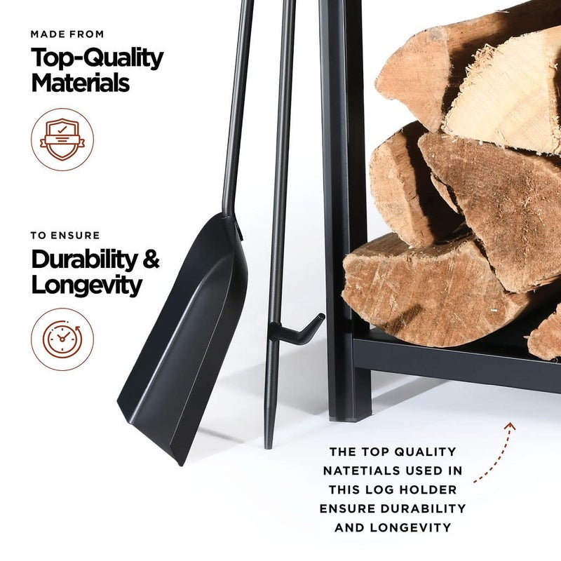 Home-it HOME IT Firewood Rack Indoor Outdoor - 2-Tier Firewood Holder with Fireplace Tools Set, Brush, Shovel, Poker, Tongs - Waterproof Steel Pipe Log Holder, Black Stove Wrought Iron - 17x12x29 - Image 4