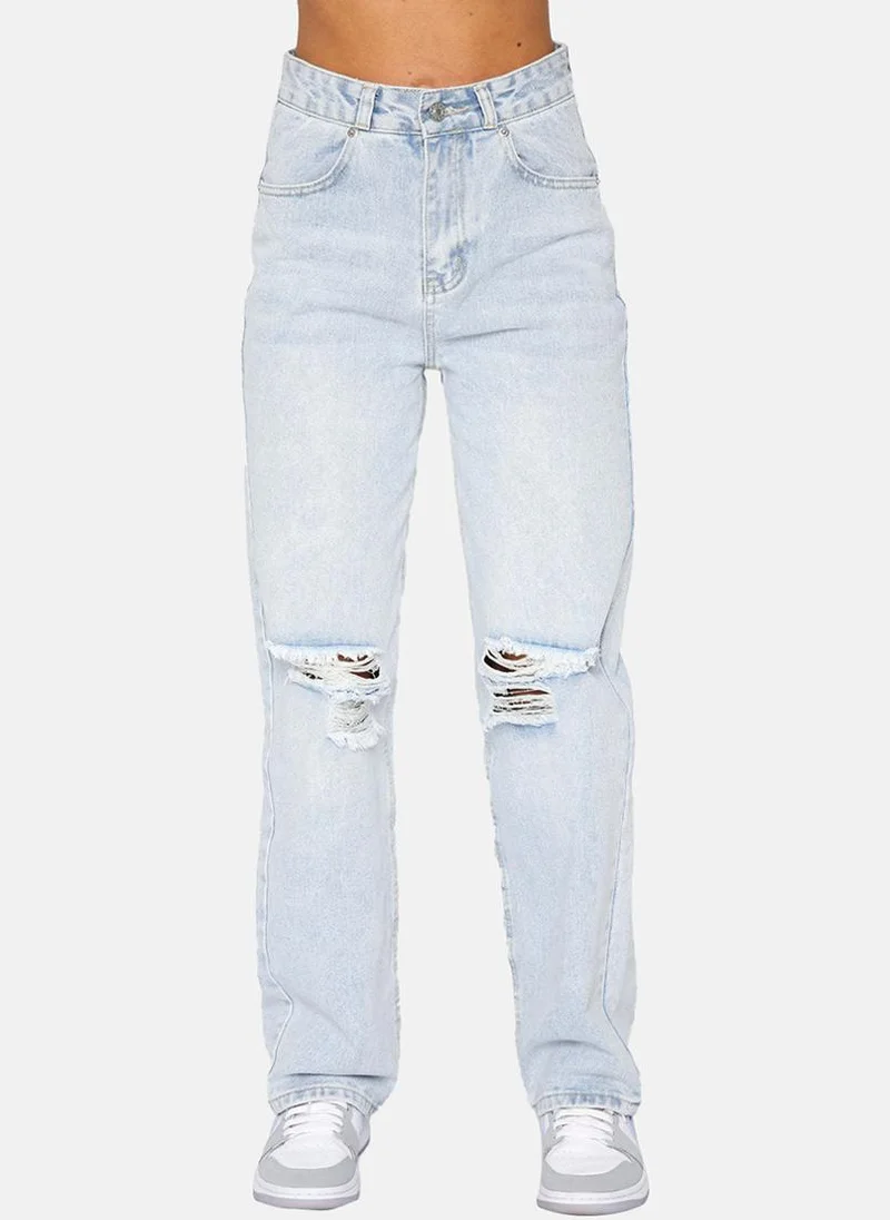 YUNIQEE Blue Straight Fit Slash Knee High-Rise Jeans