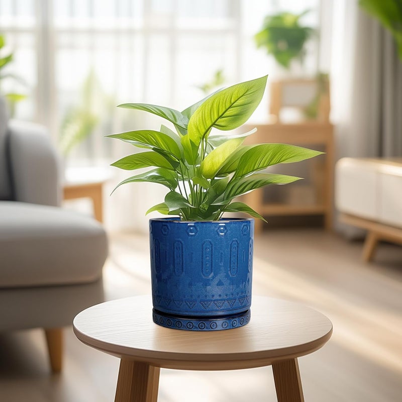 Eightpot 6 Inch Plant Pot - Ceramic Planter for Outdoor Plants Indoor Plant Pot with Drainage Holes and Saucer Succulent Pot Modern Round Flower Pot for House Room Decor Blue - Image 5