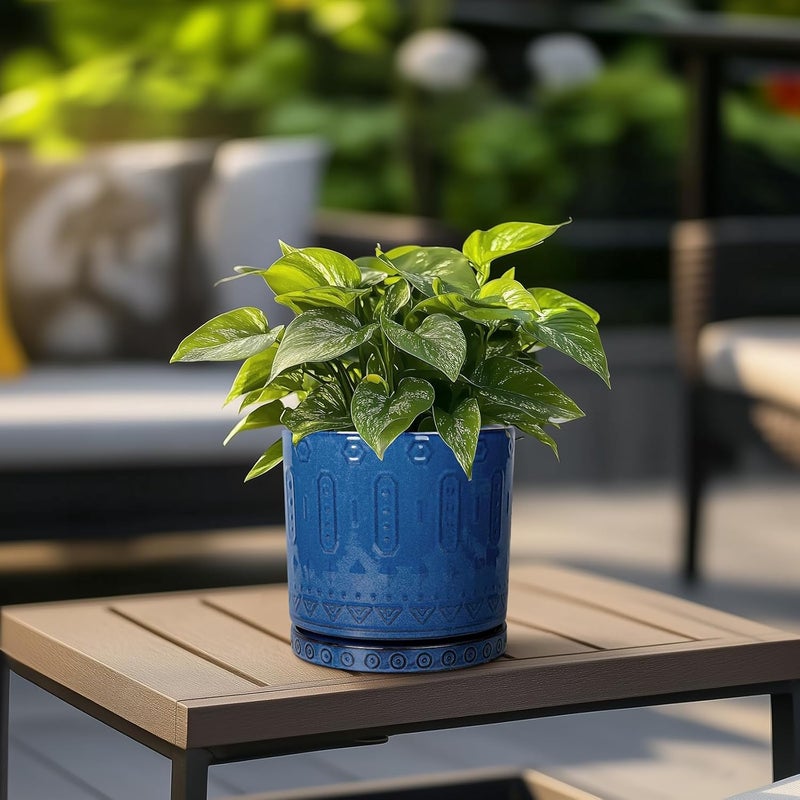 Eightpot 6 Inch Plant Pot - Ceramic Planter for Outdoor Plants Indoor Plant Pot with Drainage Holes and Saucer Succulent Pot Modern Round Flower Pot for House Room Decor Blue - Image 4