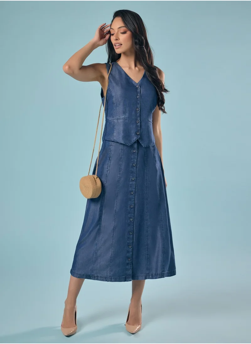 Zigzag Tencel Front Buttoned Skirt
