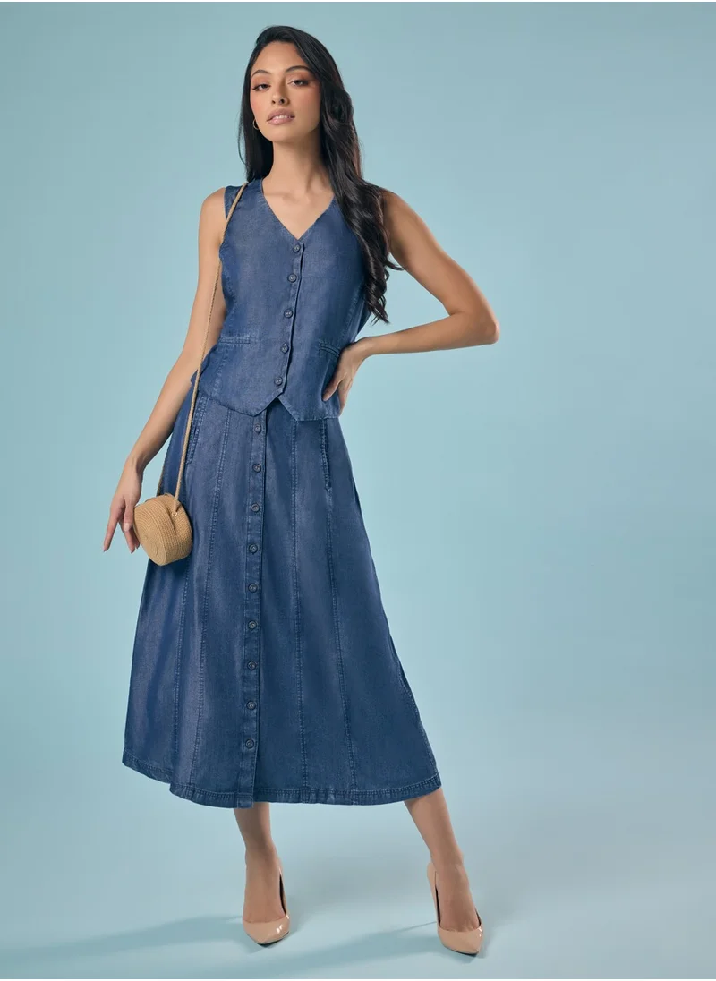 Zigzag Tencel Front Buttoned Skirt