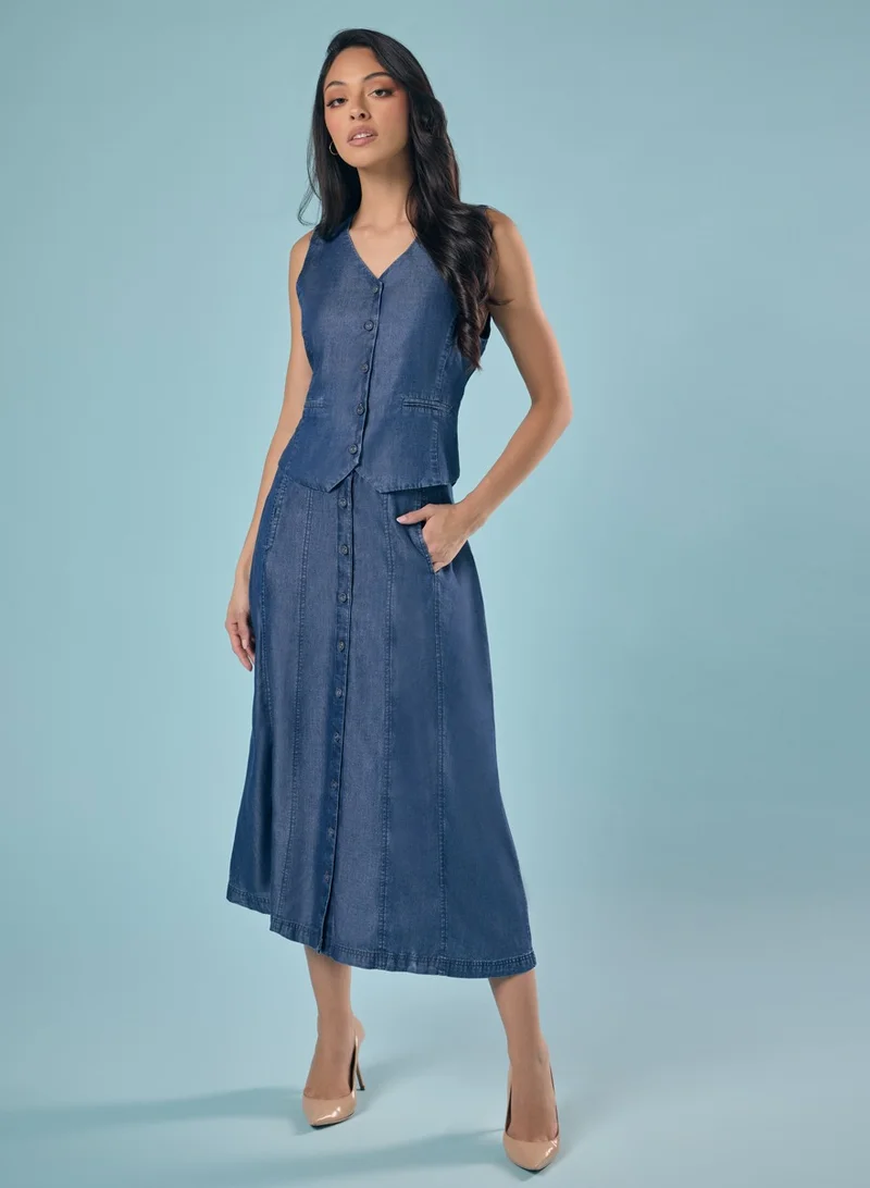 Zigzag Tencel Front Buttoned Skirt