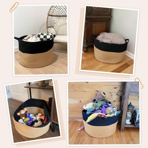 INDRESSME XXXLarge Cotton Rope Basket Woven for Baby Laundry, Toy with Handle Comforter Cushions Storage Bin Thread Hamper - 21.7" x 21.7" x 13.8" (Black & Camel) - Image 4