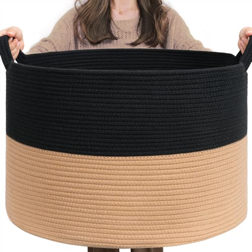 INDRESSME XXXLarge Cotton Rope Basket Woven for Baby Laundry, Toy with Handle Comforter Cushions Storage Bin Thread Hamper - 21.7" x 21.7" x 13.8" (Black & Camel) - Image 1