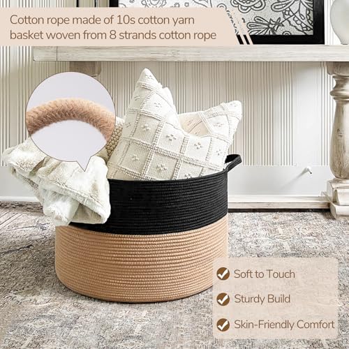INDRESSME XXXLarge Cotton Rope Basket Woven for Baby Laundry, Toy with Handle Comforter Cushions Storage Bin Thread Hamper - 21.7" x 21.7" x 13.8" (Black & Camel) - Image 2