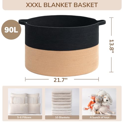 INDRESSME XXXLarge Cotton Rope Basket Woven for Baby Laundry, Toy with Handle Comforter Cushions Storage Bin Thread Hamper - 21.7" x 21.7" x 13.8" (Black & Camel) - Image 3