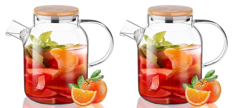 VILON VILON Pack of 2 Premium 1800ML Borosilicate Glass Water Jug with Stainless Steel Lid Handle Transparent Beverage Carafe for Home Office for Serve Water Juice Jug 18 Lieter Wooden Lid - Image 1