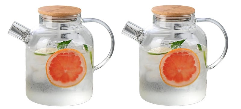 VILON VILON Pack of 2 Premium 1800ML Borosilicate Glass Water Jug with Stainless Steel Lid Handle Transparent Beverage Carafe for Home Office for Serve Water Juice Jug 18 Lieter Wooden Lid - Image 2