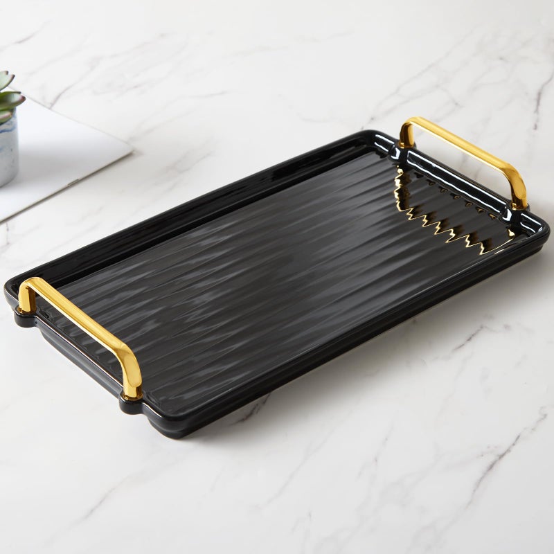DUJUST Porcelain Serving Tray with Golden Handles Modern Nordic Style Coffee Table Tray Beautiful Tea Trays Decor for Living Room Easy to Use Clean Black