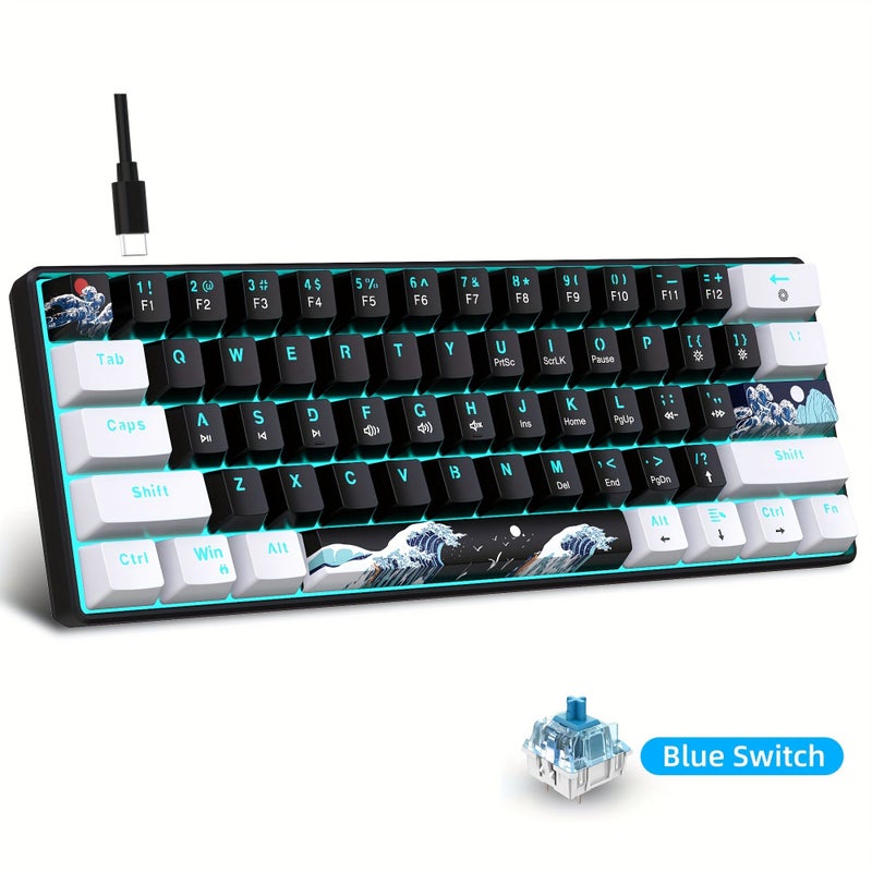60 Percent Mechanical Gaming Keyboard Red Black Blue Switch Compact Portable Gamer Keyboard With Sea Blue Backlit - Image 1