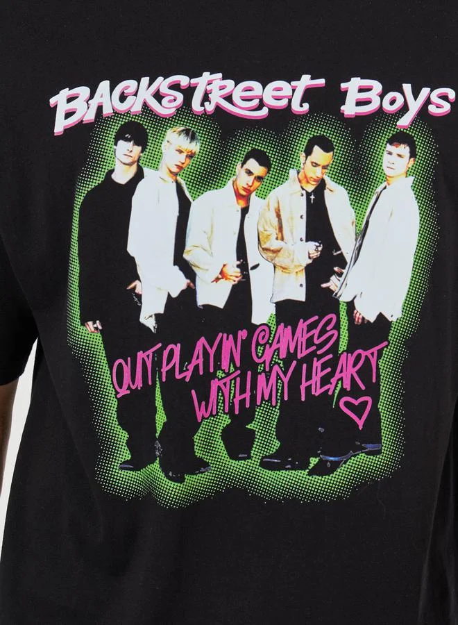 ستايلي Backstreet Boys Graphic Sticker Print Compact Jersey Oversized T-Shirt