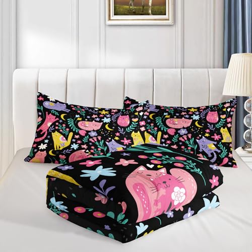 QOOMO Floral Cat Comforter Twin Size,Black Cats Bedding Set for Kids Teens Girls,3Pcs Bedding Set Printed Comforter with 2 Pillowcases,Down Alternative,Soft and Lightweight(Black，Twin Size) - Image 4