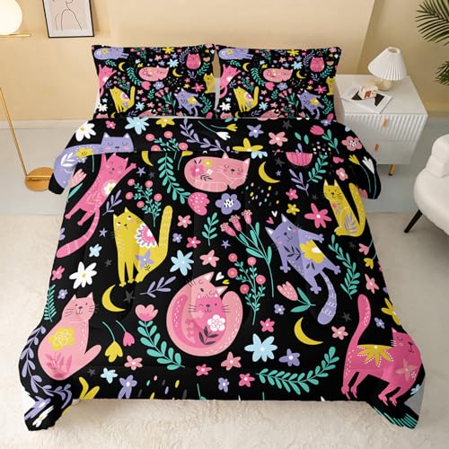 QOOMO Floral Cat Comforter Twin Size,Black Cats Bedding Set for Kids Teens Girls,3Pcs Bedding Set Printed Comforter with 2 Pillowcases,Down Alternative,Soft and Lightweight(Black，Twin Size) - Image 2