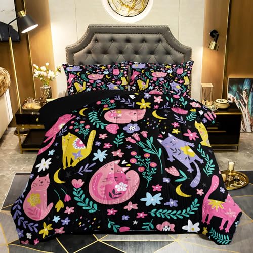 QOOMO Floral Cat Comforter Twin Size,Black Cats Bedding Set for Kids Teens Girls,3Pcs Bedding Set Printed Comforter with 2 Pillowcases,Down Alternative,Soft and Lightweight(Black，Twin Size) - Image 1