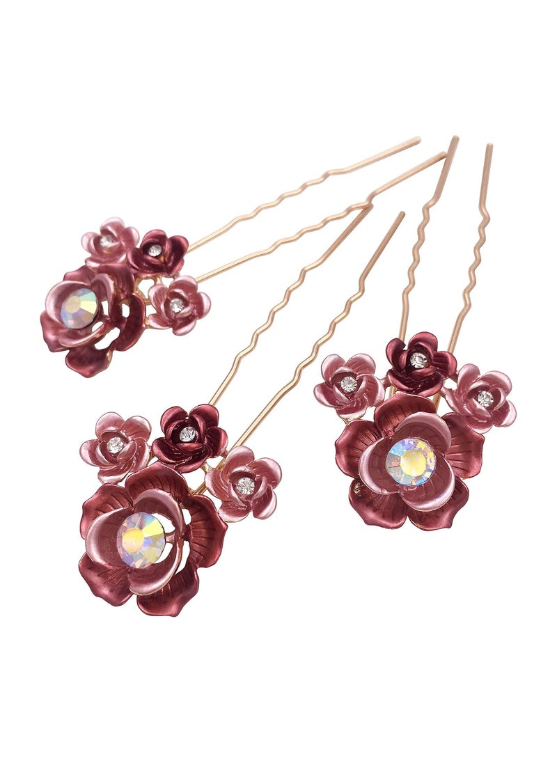 Lizzie Kay 3PCS Romantic Red Rose Flower Gold Hair Styling Pins Accessories for Bun Updo Women Wedding Bridal 