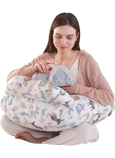 Nursing Pillow for Breastfeeding Baby, Multifunctional Breast Feeding Pillow with Adjustable Waist Strap and Safety Fence, 100% Cotton Removable Pillowcase, Animal Pattern