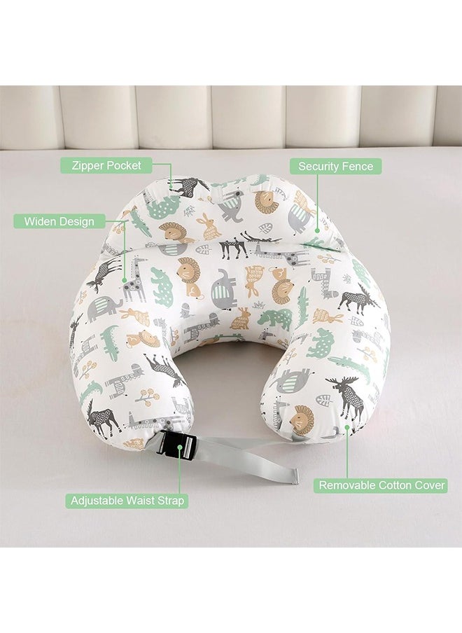 Nursing Pillow for Breastfeeding Baby, Multifunctional Breast Feeding Pillow with Adjustable Waist Strap and Safety Fence, 100% Cotton Removable Pillowcase, Animal Pattern