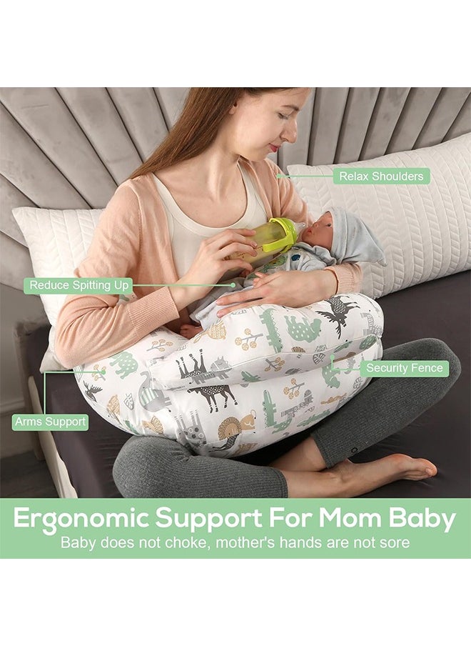 Nursing Pillow for Breastfeeding Baby, Multifunctional Breast Feeding Pillow with Adjustable Waist Strap and Safety Fence, 100% Cotton Removable Pillowcase, Animal Pattern