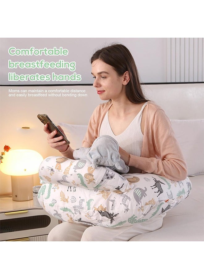 Nursing Pillow for Breastfeeding Baby, Multifunctional Breast Feeding Pillow with Adjustable Waist Strap and Safety Fence, 100% Cotton Removable Pillowcase, Animal Pattern