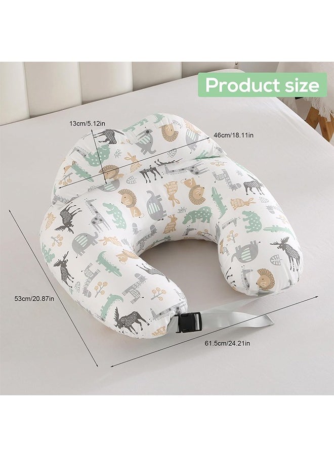 Nursing Pillow for Breastfeeding Baby, Multifunctional Breast Feeding Pillow with Adjustable Waist Strap and Safety Fence, 100% Cotton Removable Pillowcase, Animal Pattern