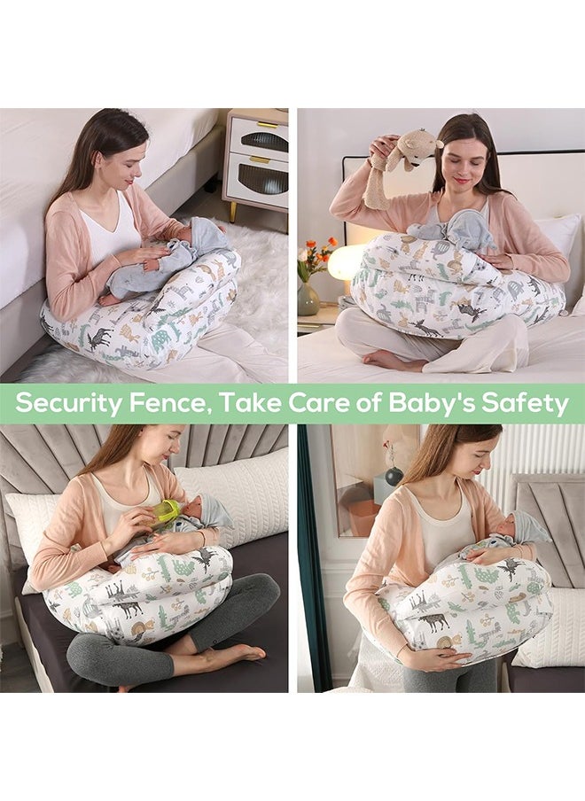 Nursing Pillow for Breastfeeding Baby, Multifunctional Breast Feeding Pillow with Adjustable Waist Strap and Safety Fence, 100% Cotton Removable Pillowcase, Animal Pattern