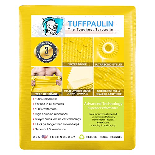 TUFFPAULIN 12FT X 15FT 120 GSM Yellow Tarpaulin Tirpal Tadpatri Tharpai Thadika, Extra Strong, Reinforced Eyelets, UV Resistant, 100% Waterproof Virgin, 6 Layer MLCL 3D Rib Technology-1 No. - Image 2