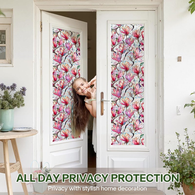 Aomkmi Stained Glass Window Film UV Resistant Window Privacy Film Pink Floral Privacy Rainbow Decals Living Room Bedroom Sun Blocking Decor Removable Static Cling Stickers 17 x 39.37 Inch - Image 3