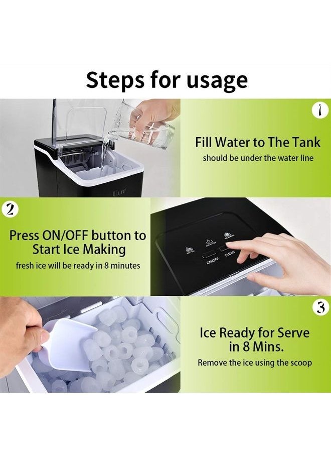 Portable Ice Maker,Ice Maker Machine for Countertop, Self-Cleaning Function Ice Cube Maker,Make 26 lbs Ice in 24 hrs, 9 Ice Cubes Ready in 8 Minutes,with Ice Scoop and Basket(Black)