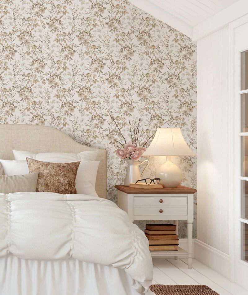 Erfoni 16.9" x197" Beige Floral Peel and Stick Wallpaper Boho Floral Leaf Contact Paper Boho Self Adhesive Wall Paper Flower DIY Removable Decoration Wallpaper for Livingroom Accent Wall Covering - Image 2