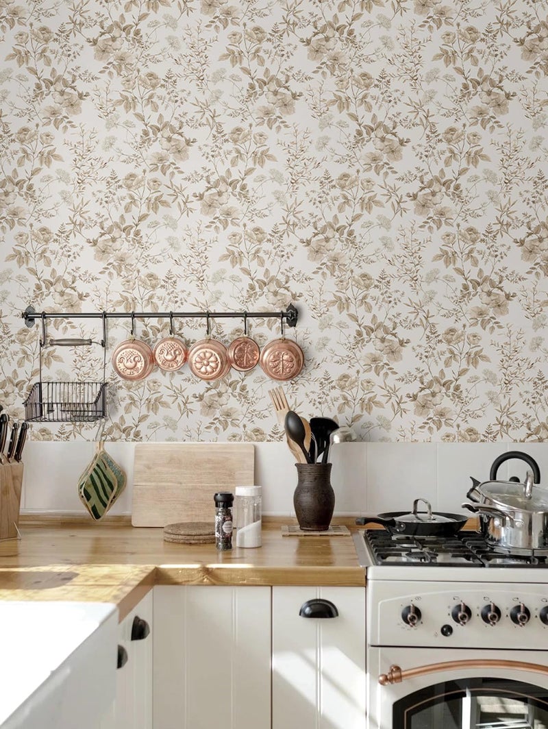 Erfoni 16.9" x197" Beige Floral Peel and Stick Wallpaper Boho Floral Leaf Contact Paper Boho Self Adhesive Wall Paper Flower DIY Removable Decoration Wallpaper for Livingroom Accent Wall Covering - Image 4