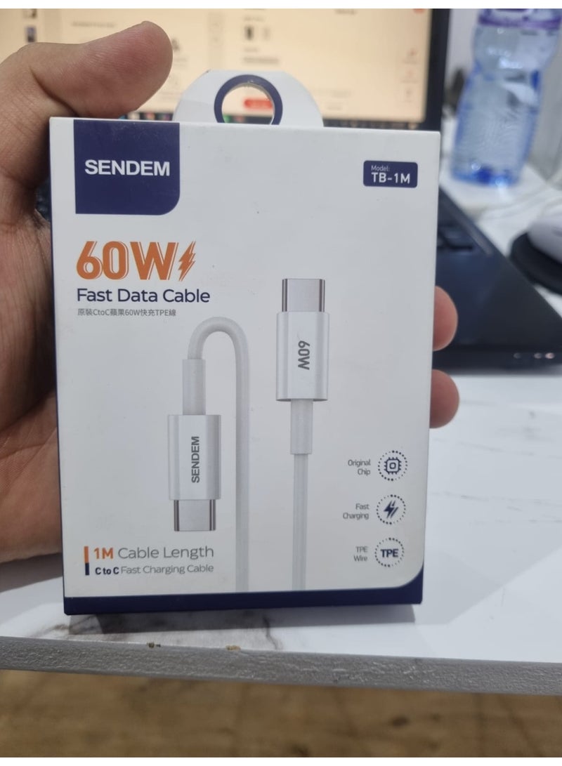 سيندم كابل بيانات SENDEM TB-1M تايب سي إلى تايب سي – شحن سريع 60 واط، سلك TPE متين بطول 1 متر - Image 4