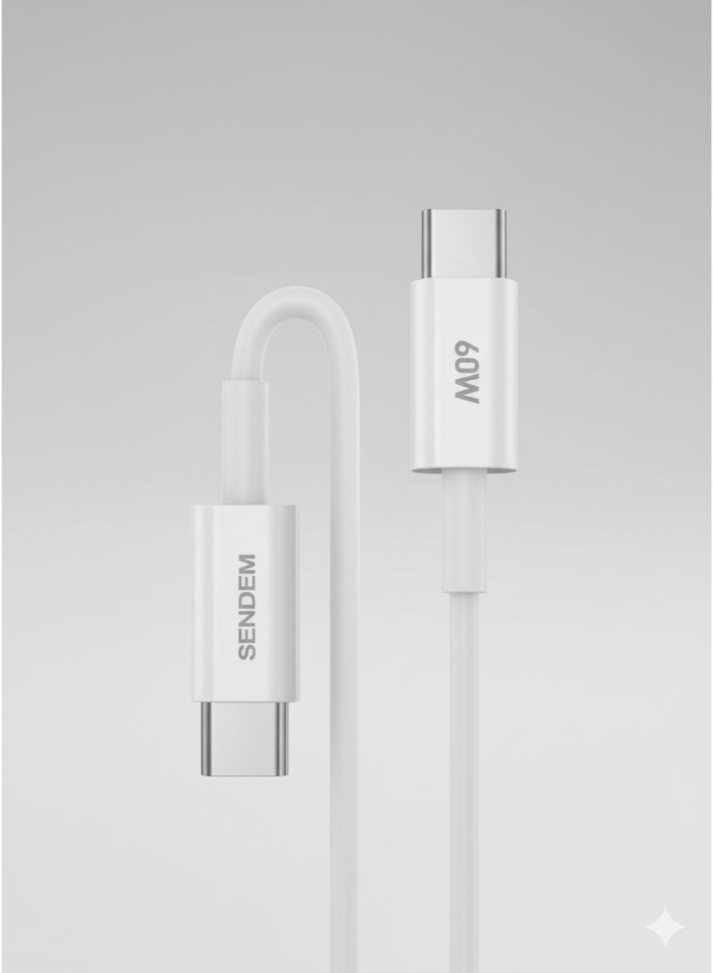 سيندم كابل بيانات SENDEM TB-1M تايب سي إلى تايب سي – شحن سريع 60 واط، سلك TPE متين بطول 1 متر - Image 1