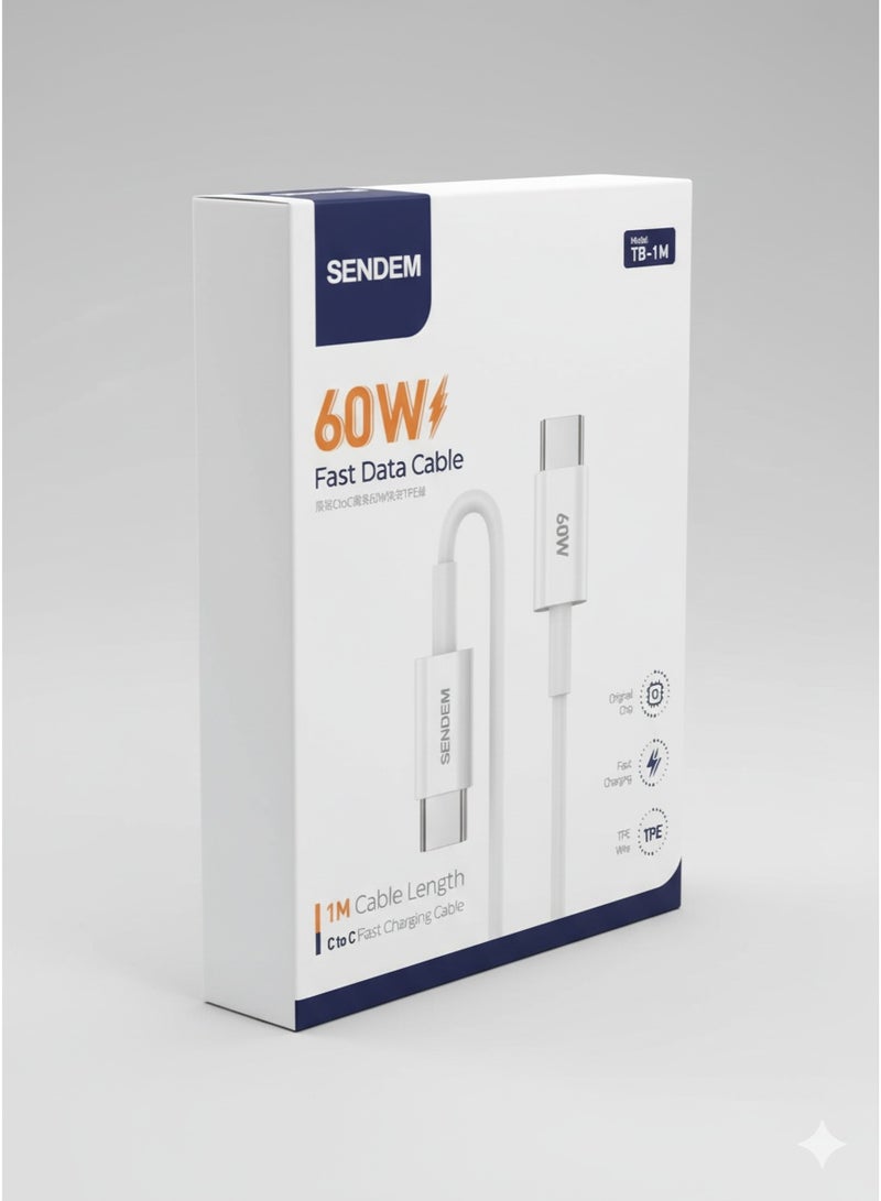 سيندم كابل بيانات SENDEM TB-1M تايب سي إلى تايب سي – شحن سريع 60 واط، سلك TPE متين بطول 1 متر - Image 2