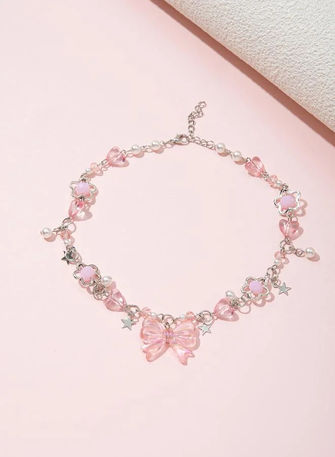 Girls Multi-Color Bow and Heart Charm Chocker Necklace