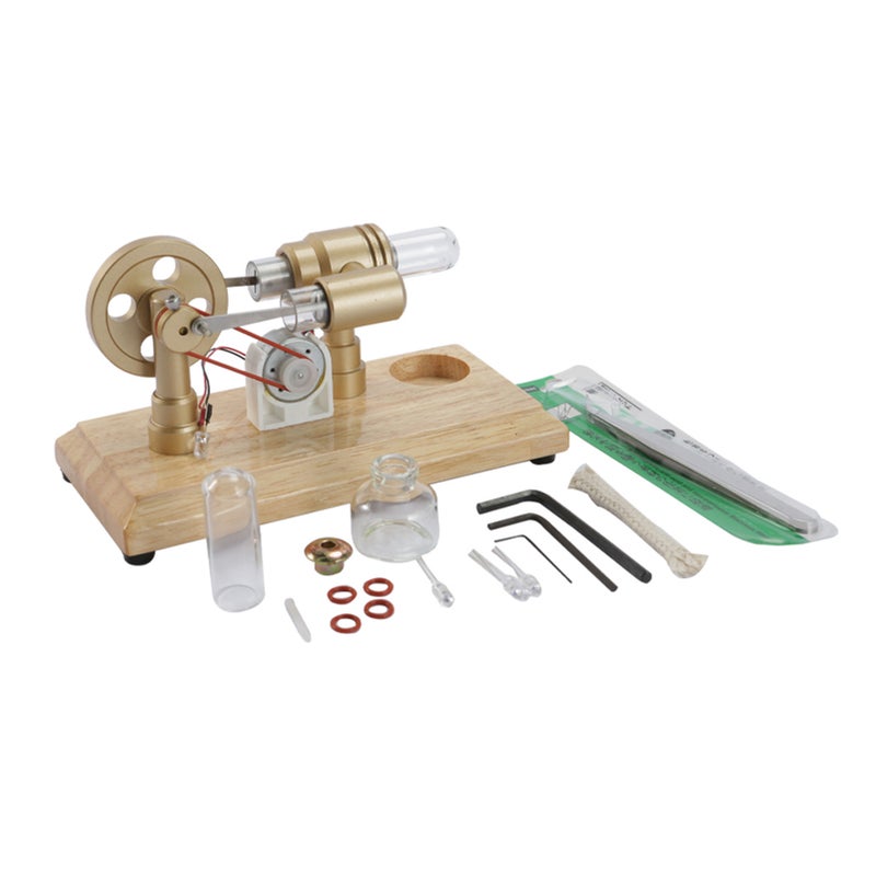 Hot Air Stirling Engine Electricity Generator Motor Model with LED Light Flywheel Design Science Experiment with Wooden Base DIY Education Toy for Teacher Adults Kids School Office Decor LL-007-Gold - Image 2