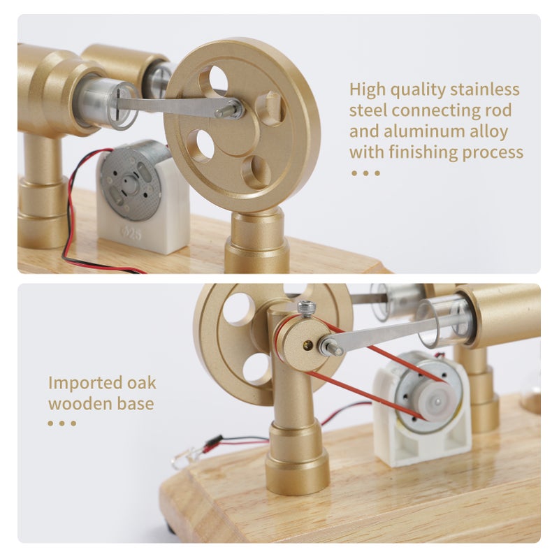 Hot Air Stirling Engine Electricity Generator Motor Model with LED Light Flywheel Design Science Experiment with Wooden Base DIY Education Toy for Teacher Adults Kids School Office Decor LL-007-Gold - Image 5