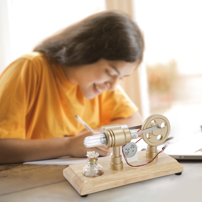 Hot Air Stirling Engine Electricity Generator Motor Model with LED Light Flywheel Design Science Experiment with Wooden Base DIY Education Toy for Teacher Adults Kids School Office Decor LL-007-Gold - Image 4