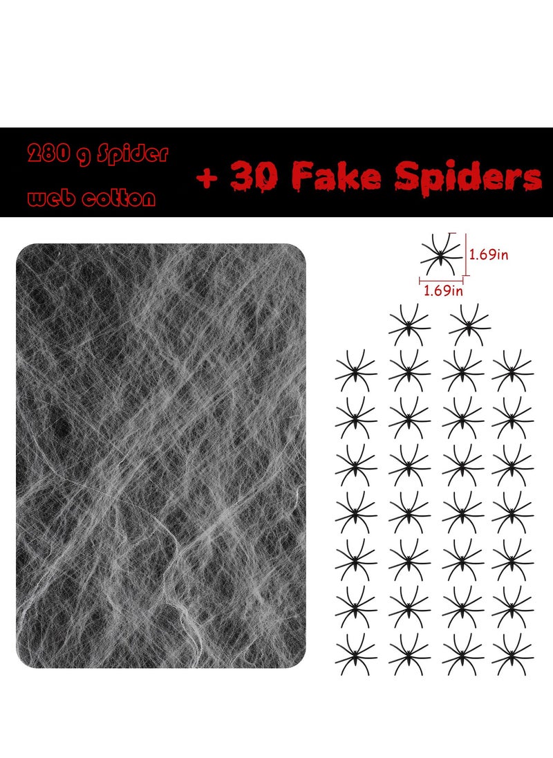 Excefore ديكورات شبكات العنكبوت مع 30 عنكبوتًا مزيفًا إضافيًا، ديكور كوخ مخيف، 280 جرامًا، شبكة عنكبوت من القطن فائق المرونة للديكور الداخلي والخارجي للمنزل المسكون  - Image 2